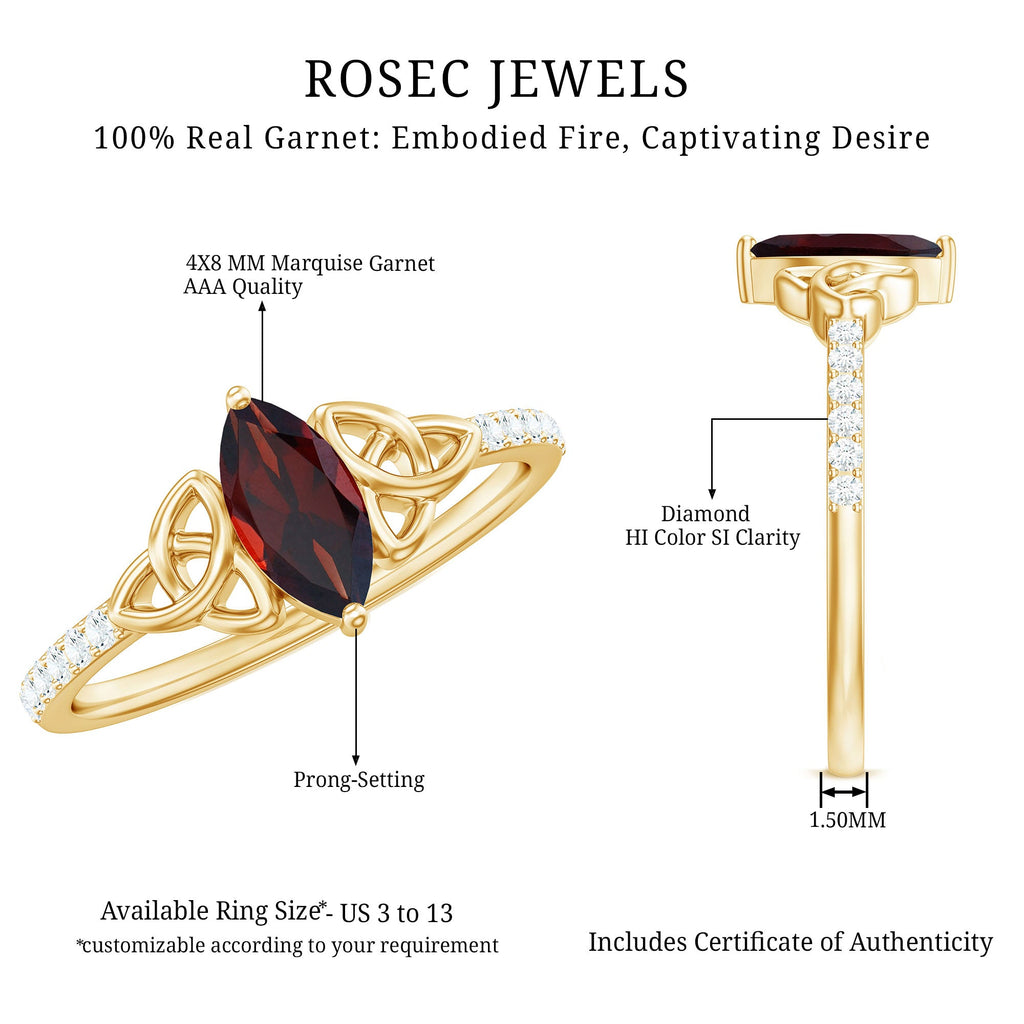 Real Garnet Diamond Marquise Engagement Ring with Celtic Knot