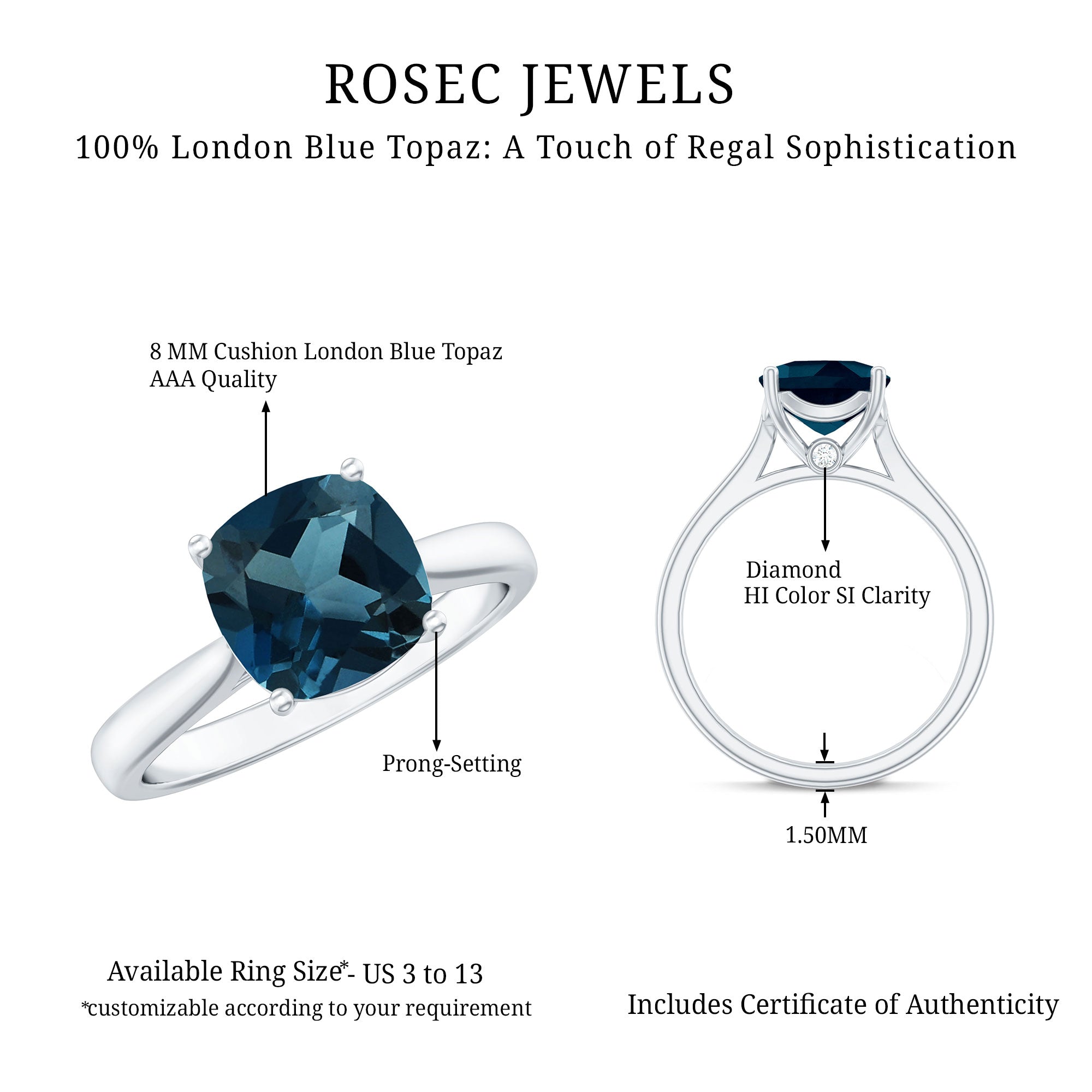 Solitaire Cushion Cut London Blue Topaz Cathedral Engagement Ring
