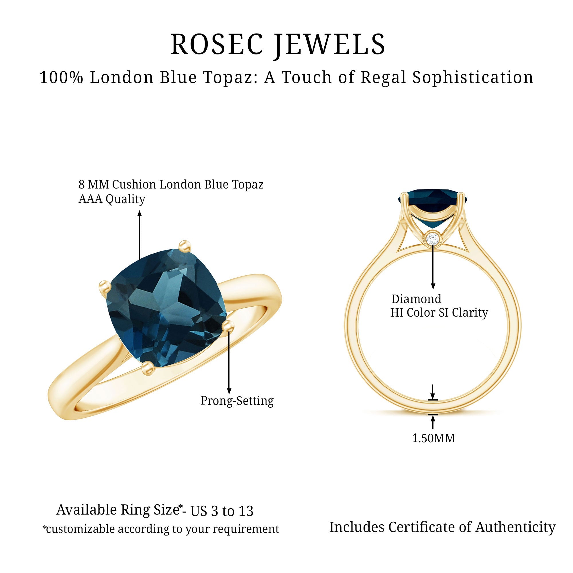 Solitaire Cushion Cut London Blue Topaz Cathedral Engagement Ring
