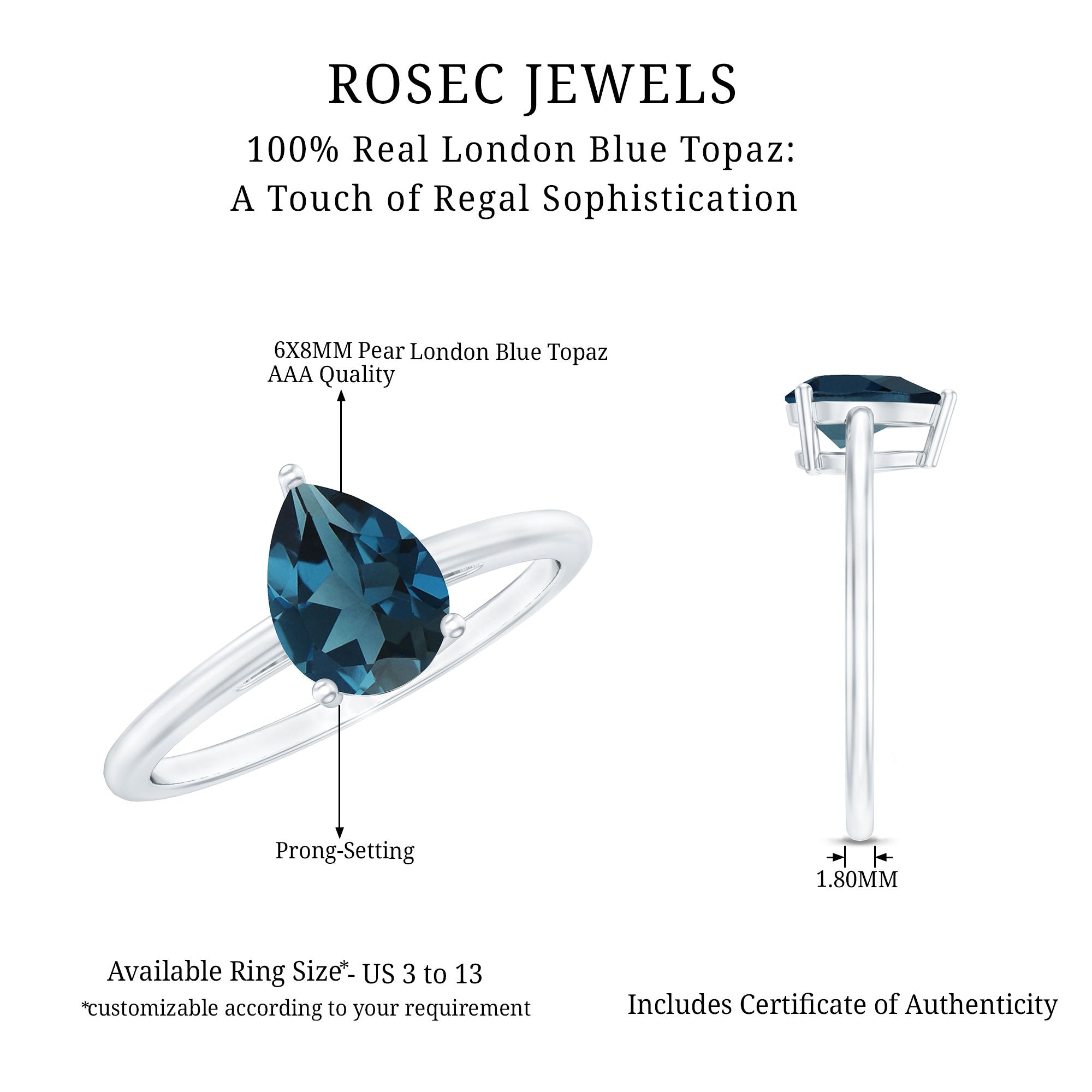 1 Carat Pear Shape London Blue Topaz Single Stone Engagement Ring