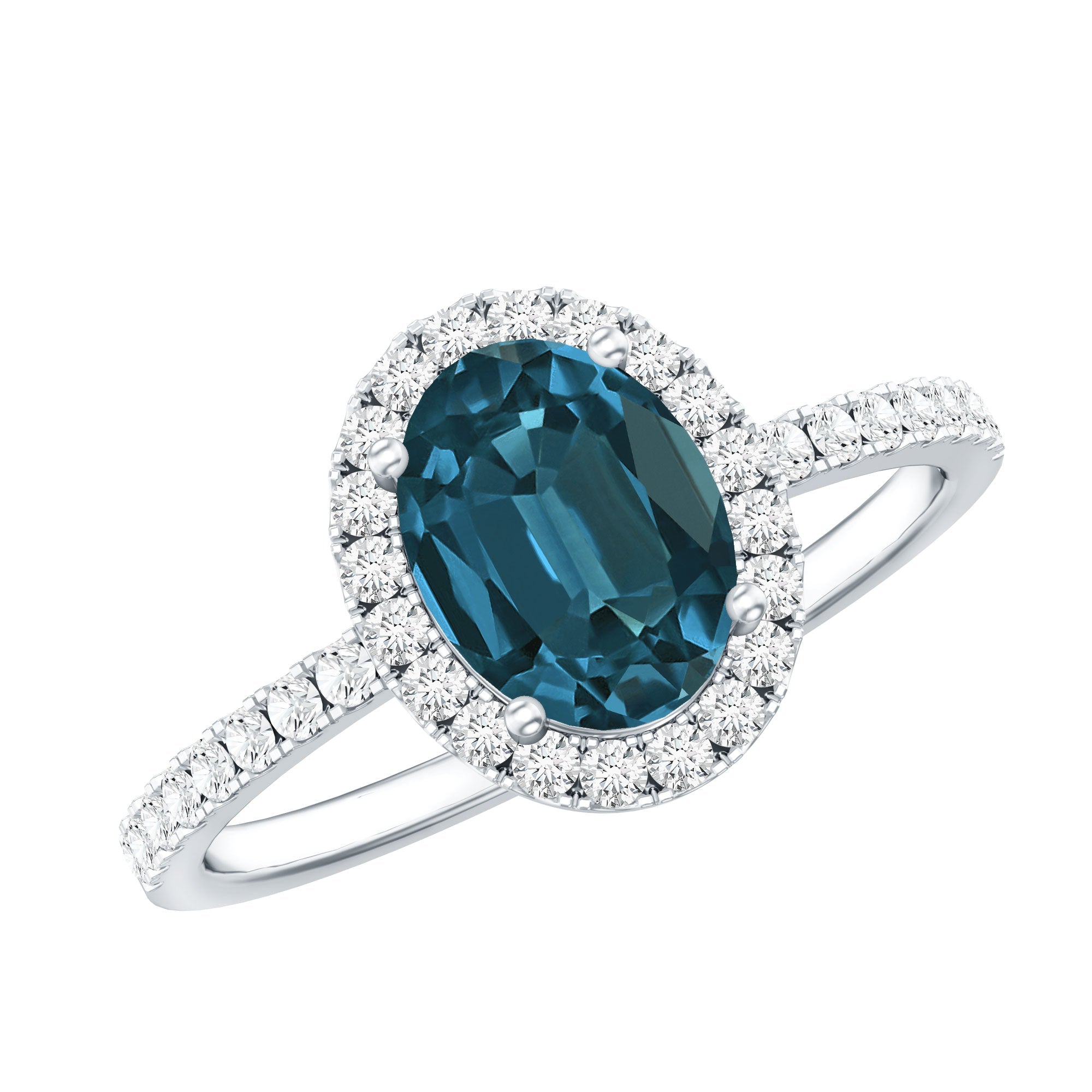 1 Carat Oval Cut London Blue Topaz Classic Engagement Ring with Diamond Halo