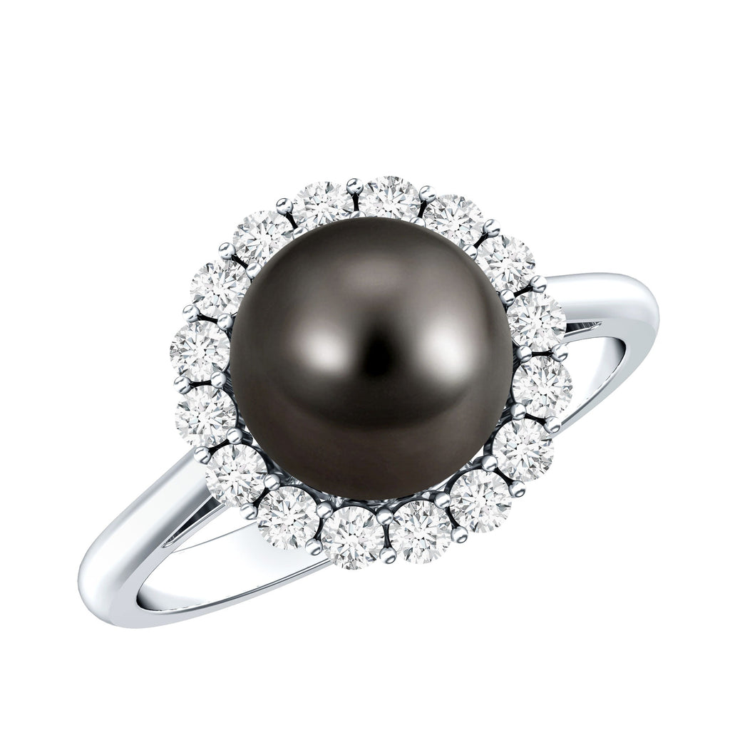 Natural Tahitian Pearl and Diamond Halo Engagement Ring