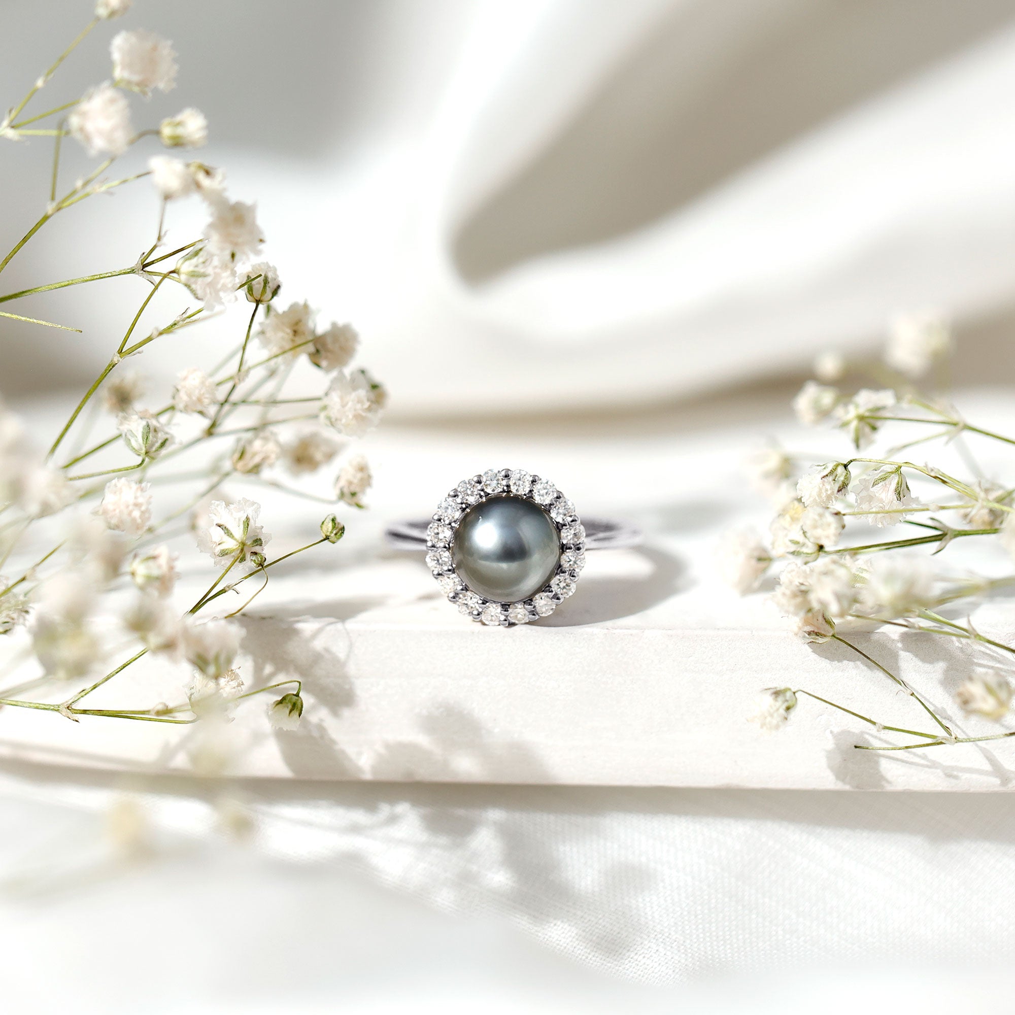 Natural Tahitian Pearl and Diamond Halo Engagement Ring