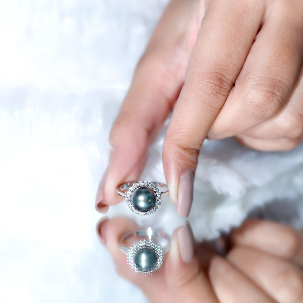Natural Tahitian Pearl and Diamond Halo Engagement Ring