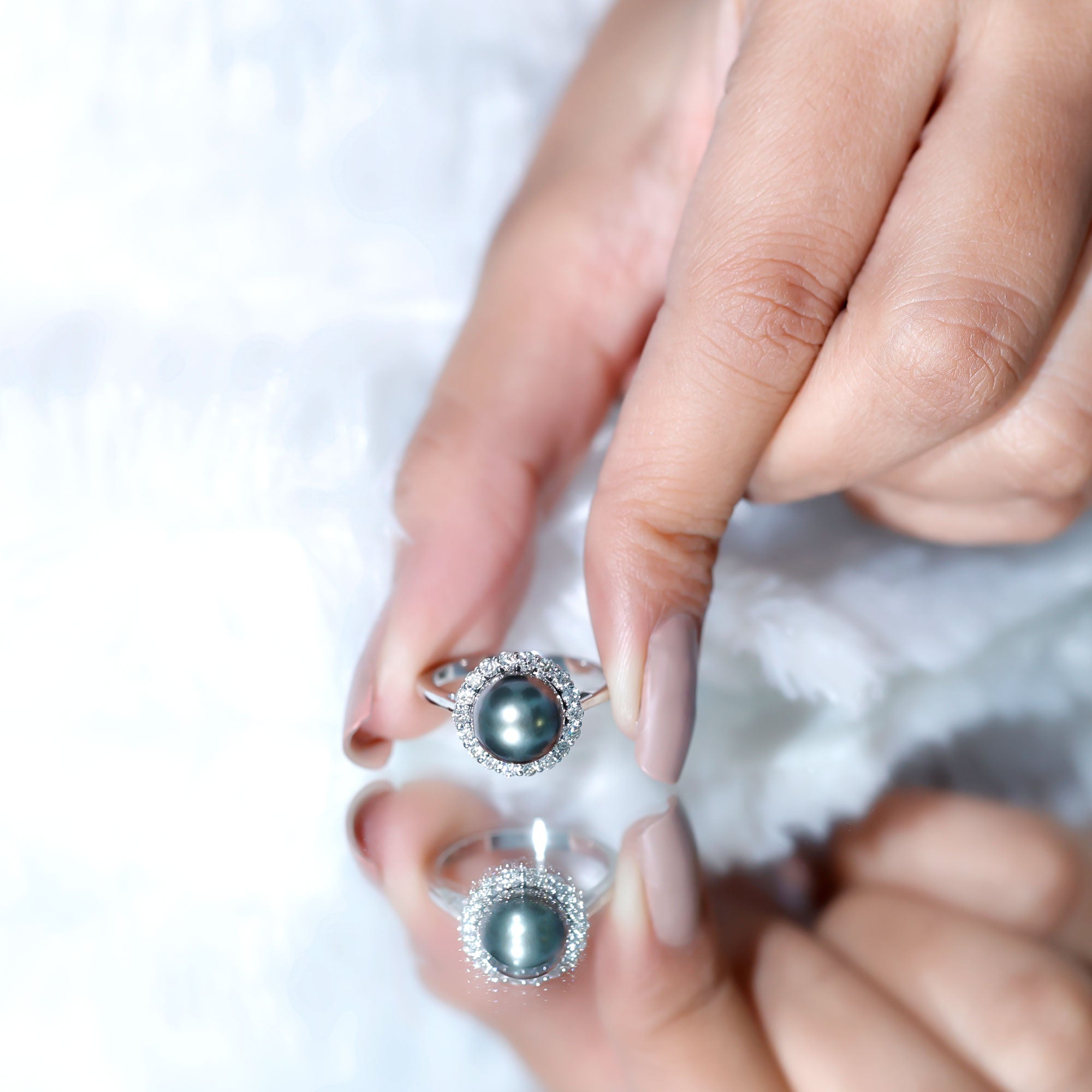 Natural Tahitian Pearl and Diamond Halo Engagement Ring