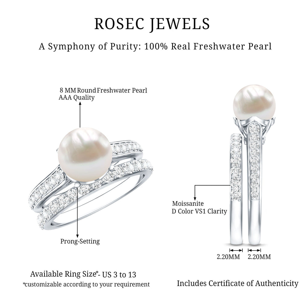 Natural White Pearl Wedding Bridal Ring Set with Moissanite