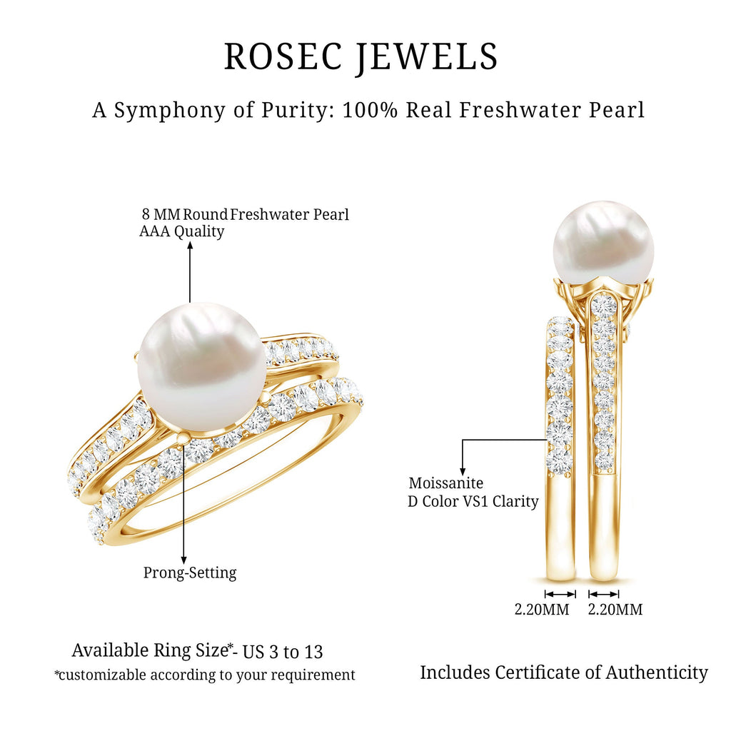Natural White Pearl Wedding Bridal Ring Set with Moissanite