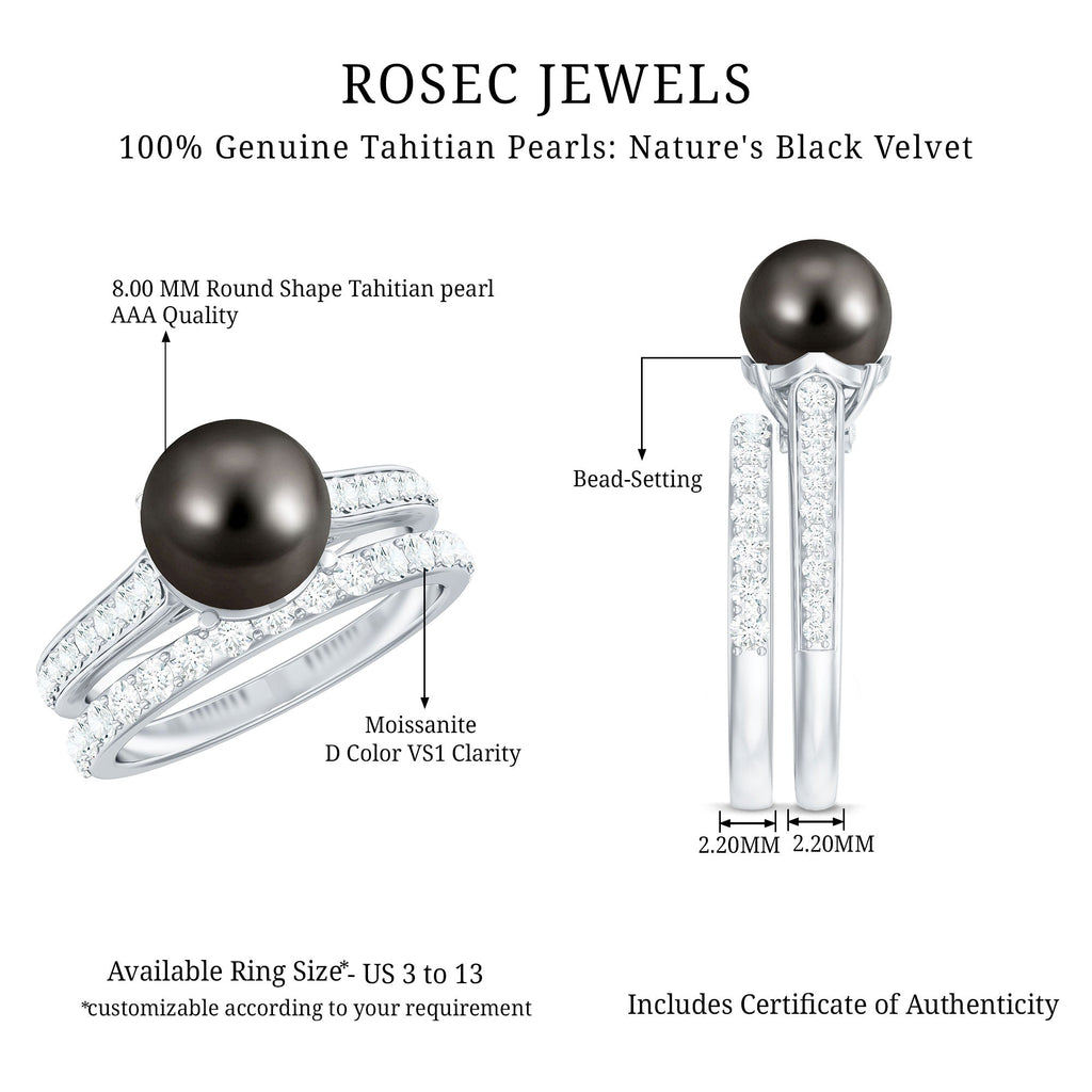 Elegant Wedding Ring Set with 7.5 Carat Tahitian Pearl and Moissanite
