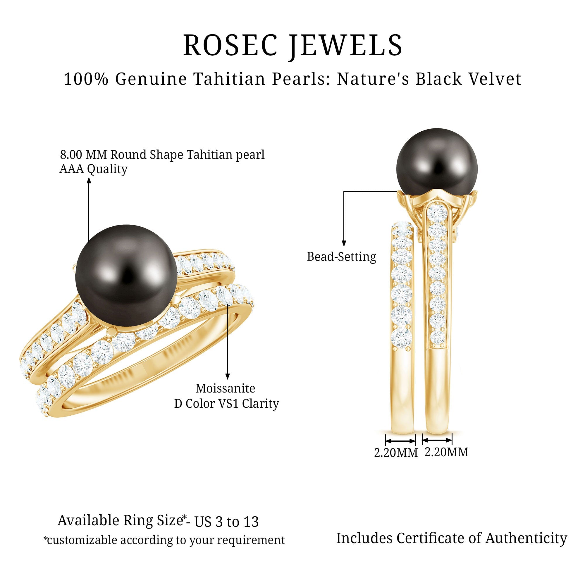 Elegant Wedding Ring Set with 7.5 Carat Tahitian Pearl and Moissanite