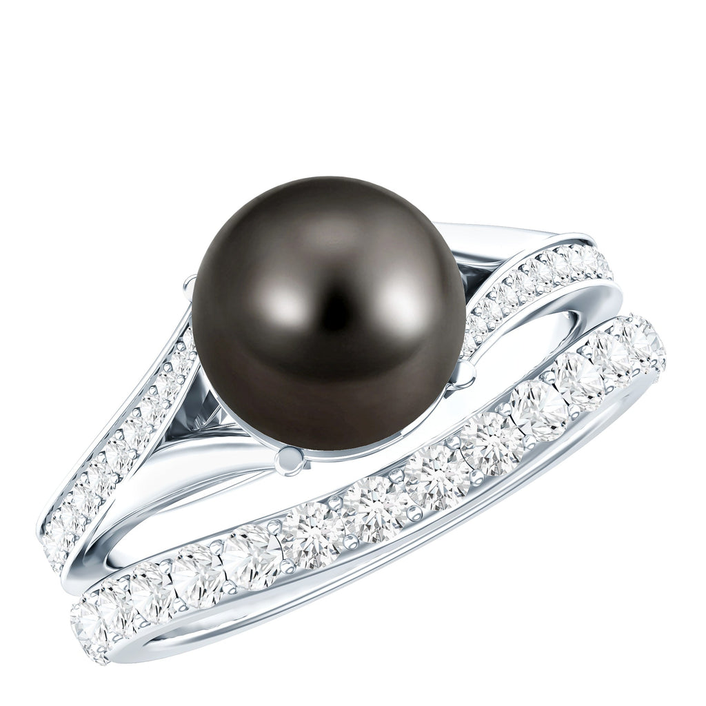 Designer Tahitian Black Pearl Wedding Ring Set with Moissanite