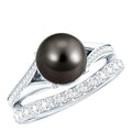 Designer Tahitian Black Pearl Wedding Ring Set with Moissanite