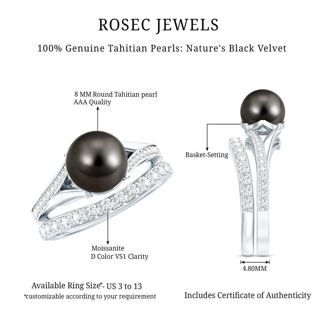 Designer Tahitian Black Pearl Wedding Ring Set with Moissanite