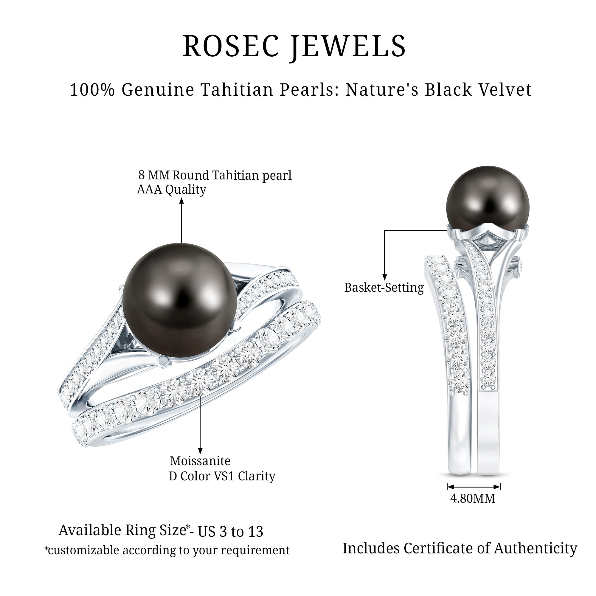 Designer Tahitian Black Pearl Wedding Ring Set with Moissanite