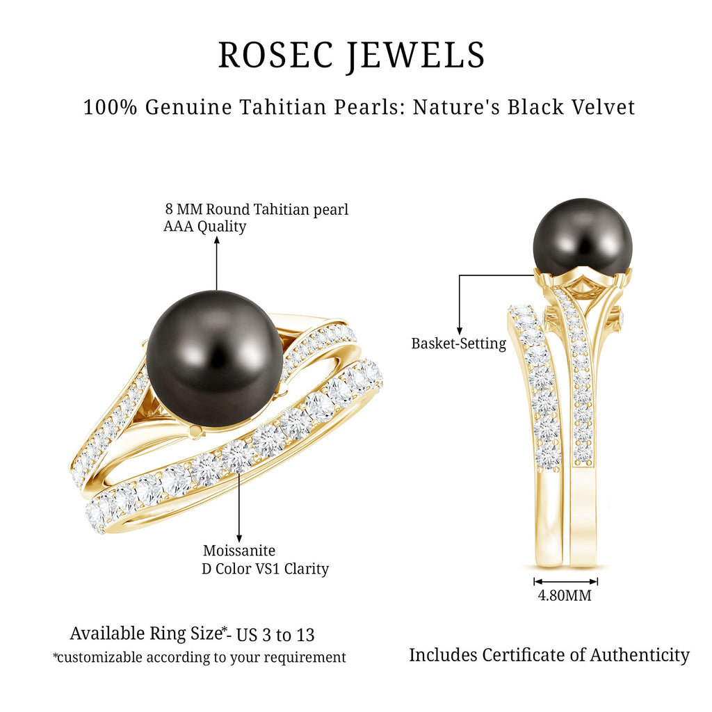 Designer Tahitian Black Pearl Wedding Ring Set with Moissanite