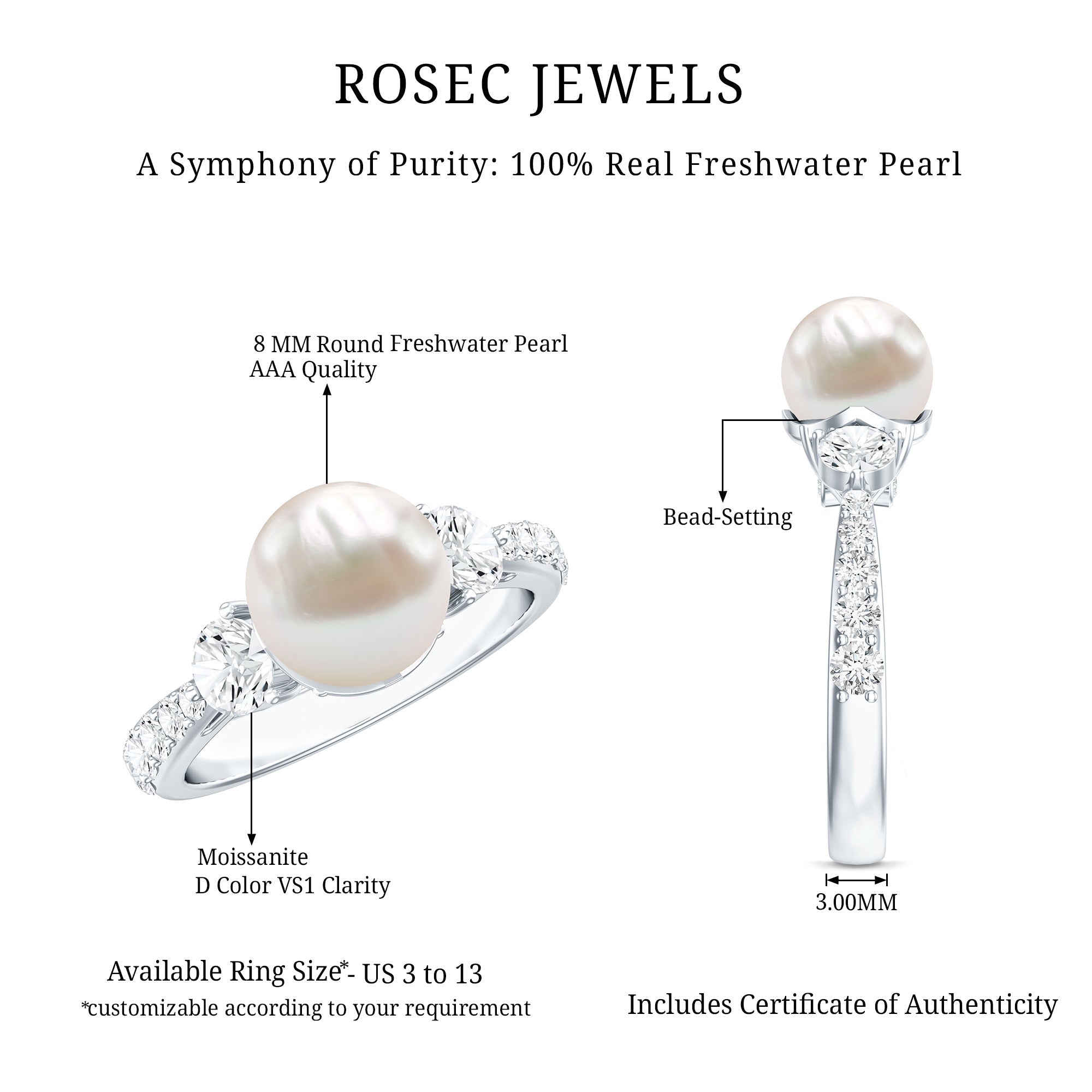 Cultured 7.4 Carat Freshwater Pearl Engagement Ring with Moissanite