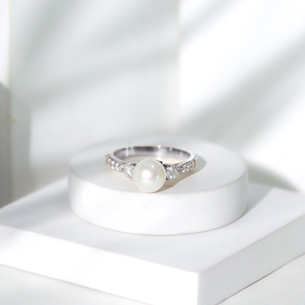 Cultured 7.4 Carat Freshwater Pearl Engagement Ring with Moissanite