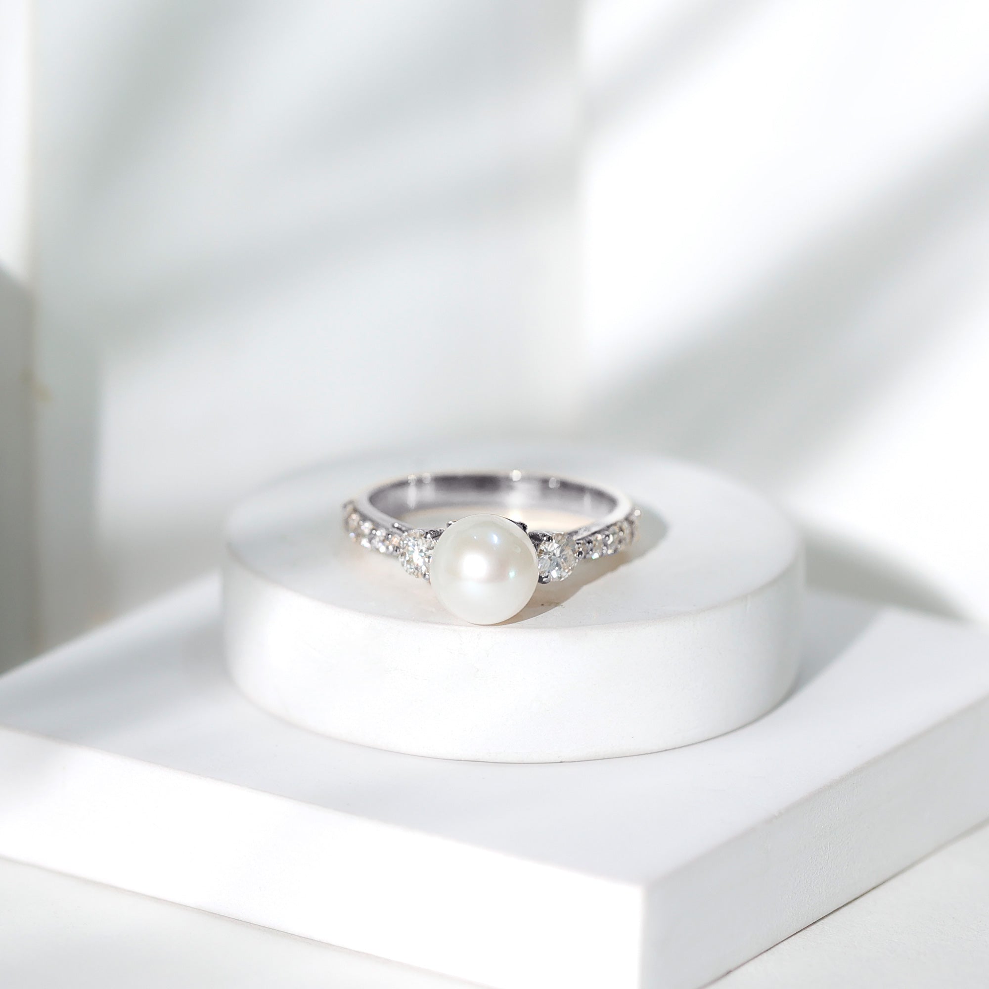 Cultured 7.4 Carat Freshwater Pearl Engagement Ring with Moissanite