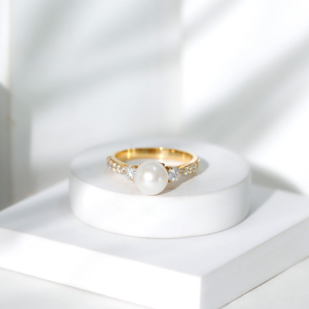 Cultured 7.4 Carat Freshwater Pearl Engagement Ring with Moissanite