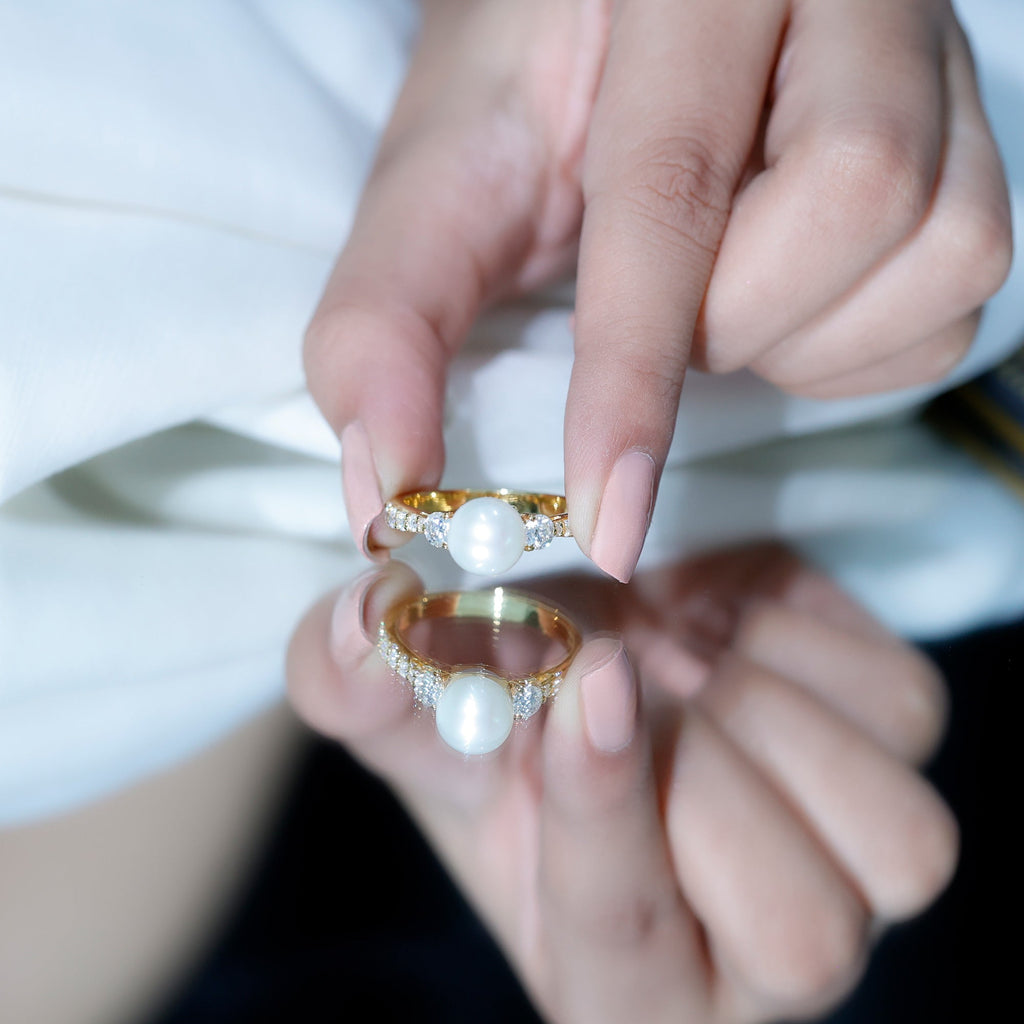 Cultured 7.4 Carat Freshwater Pearl Engagement Ring with Moissanite