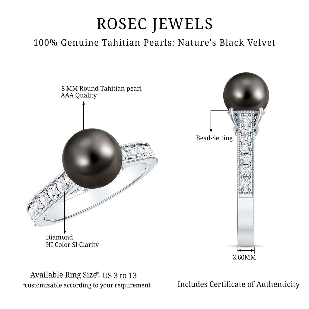 Natural Tahitian Pearl Cathedral Engagement Ring with Diamond Side Stones