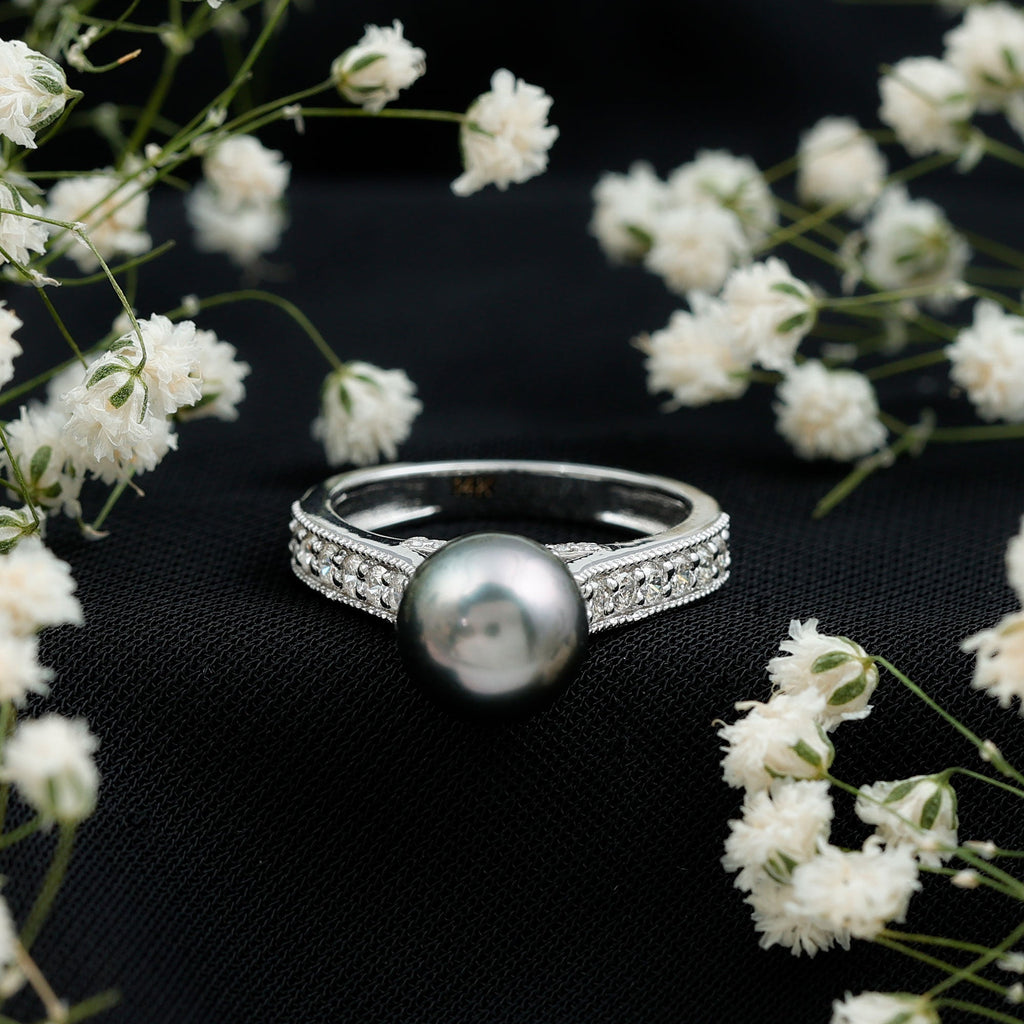Natural Tahitian Pearl Cathedral Engagement Ring with Diamond Side Stones