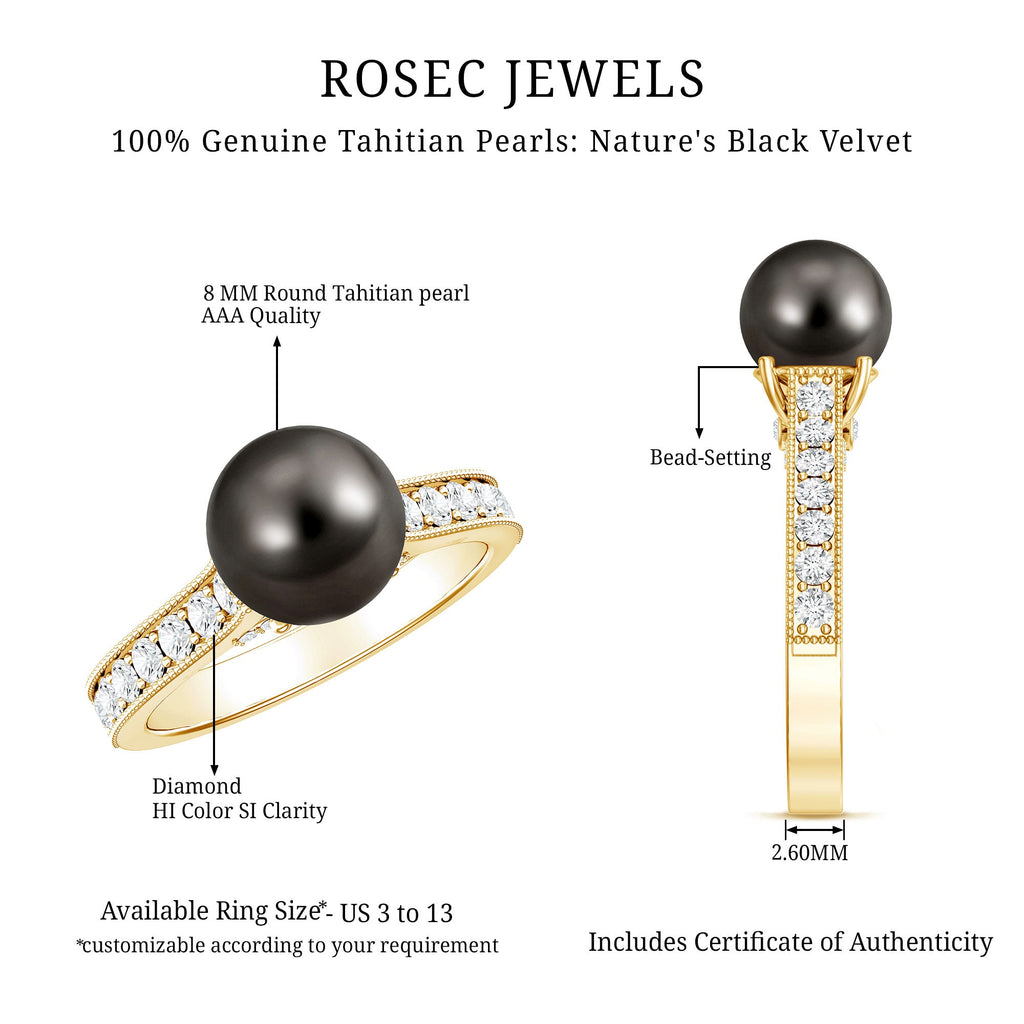Natural Tahitian Pearl Cathedral Engagement Ring with Diamond Side Stones