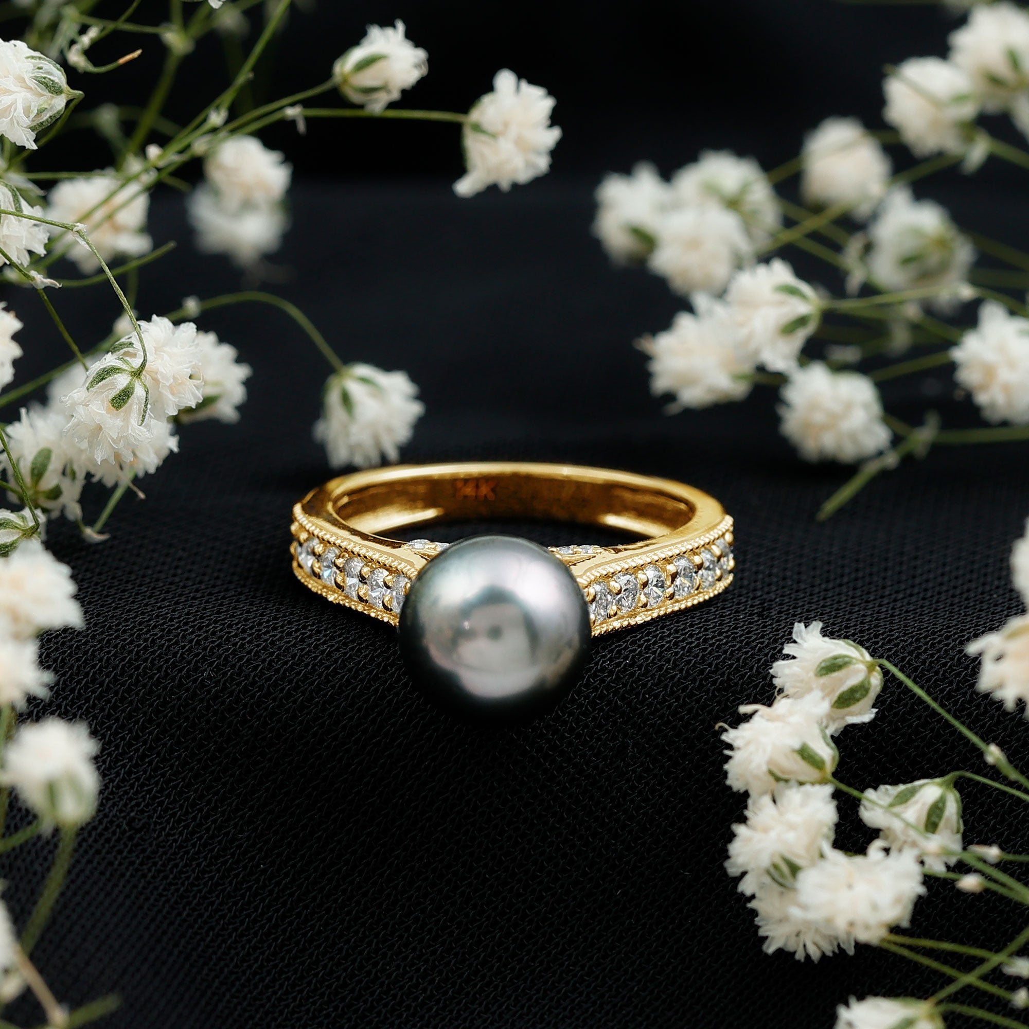 Natural Tahitian Pearl Cathedral Engagement Ring with Diamond Side Stones