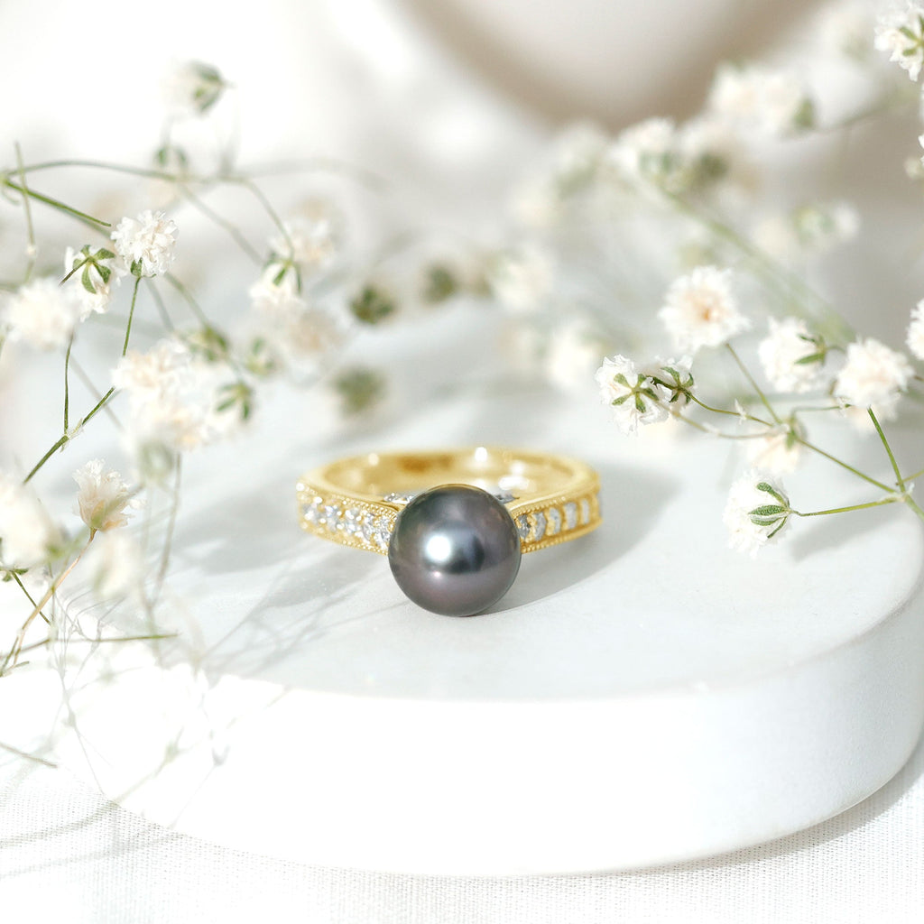 Natural Tahitian Pearl Cathedral Engagement Ring with Diamond Side Stones