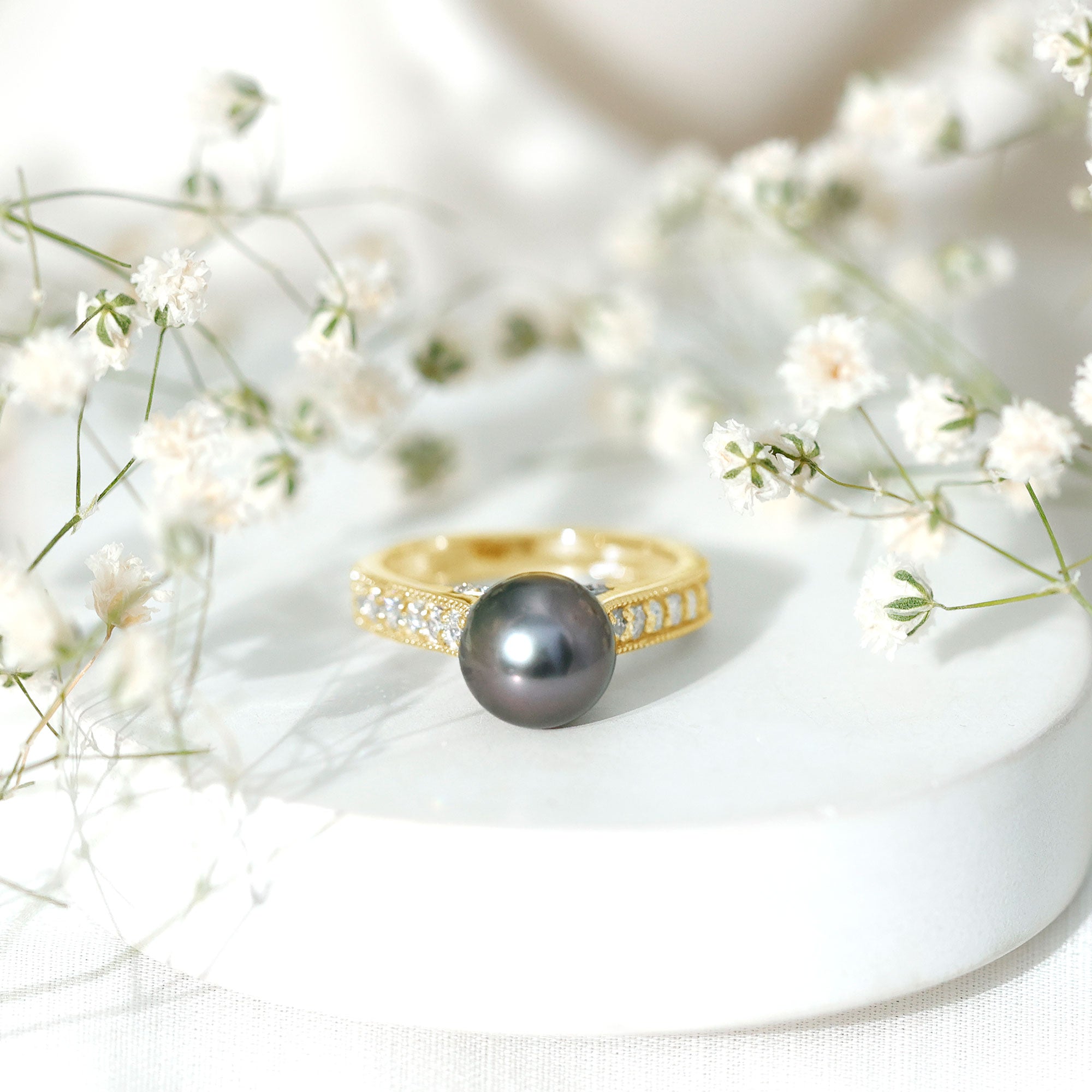 Natural Tahitian Pearl Cathedral Engagement Ring with Diamond Side Stones