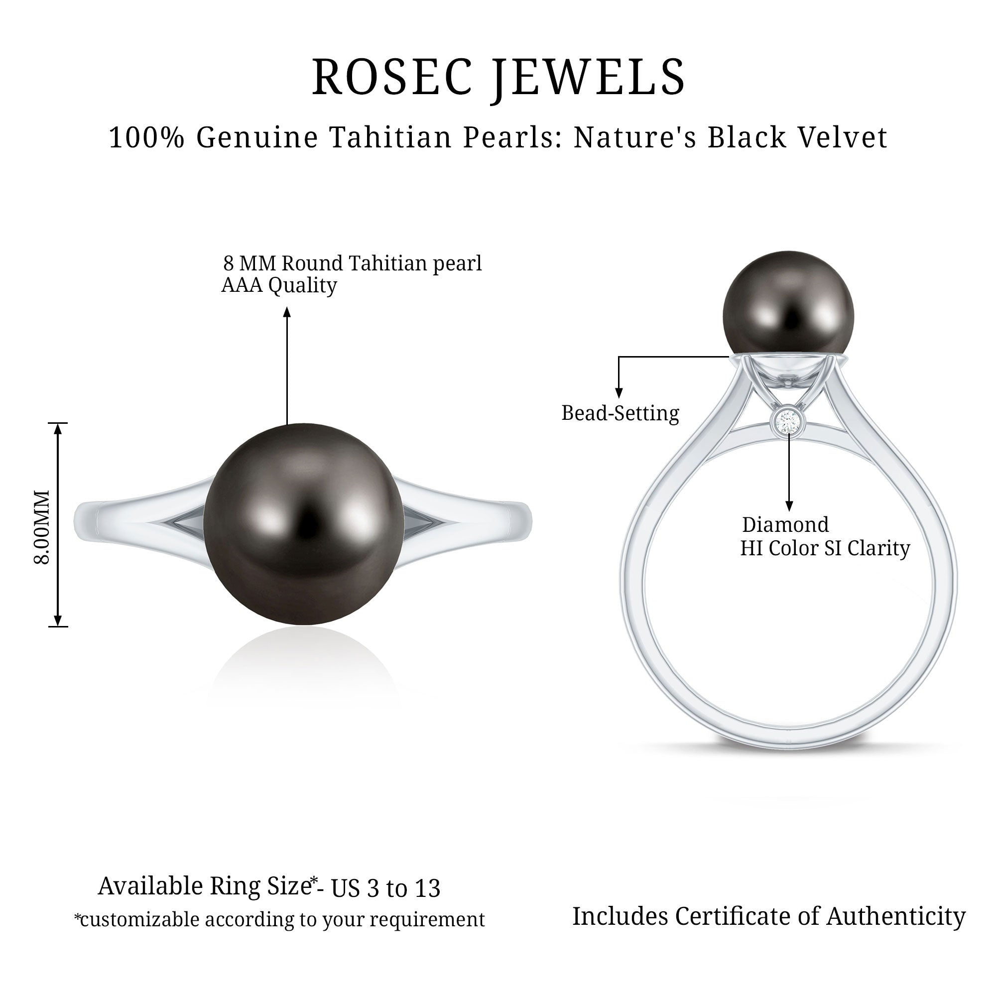 7.5 Carat Genuine Tahitian Black Pearl Cathedral Engagement Ring with Split Shank