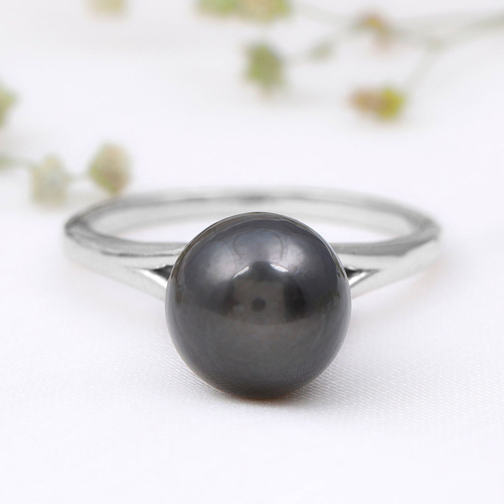 7.5 Carat Genuine Tahitian Black Pearl Cathedral Engagement Ring with Split Shank