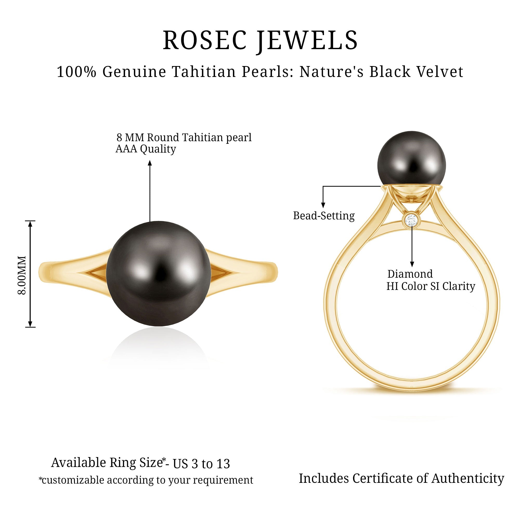 7.5 Carat Genuine Tahitian Black Pearl Cathedral Engagement Ring with Split Shank