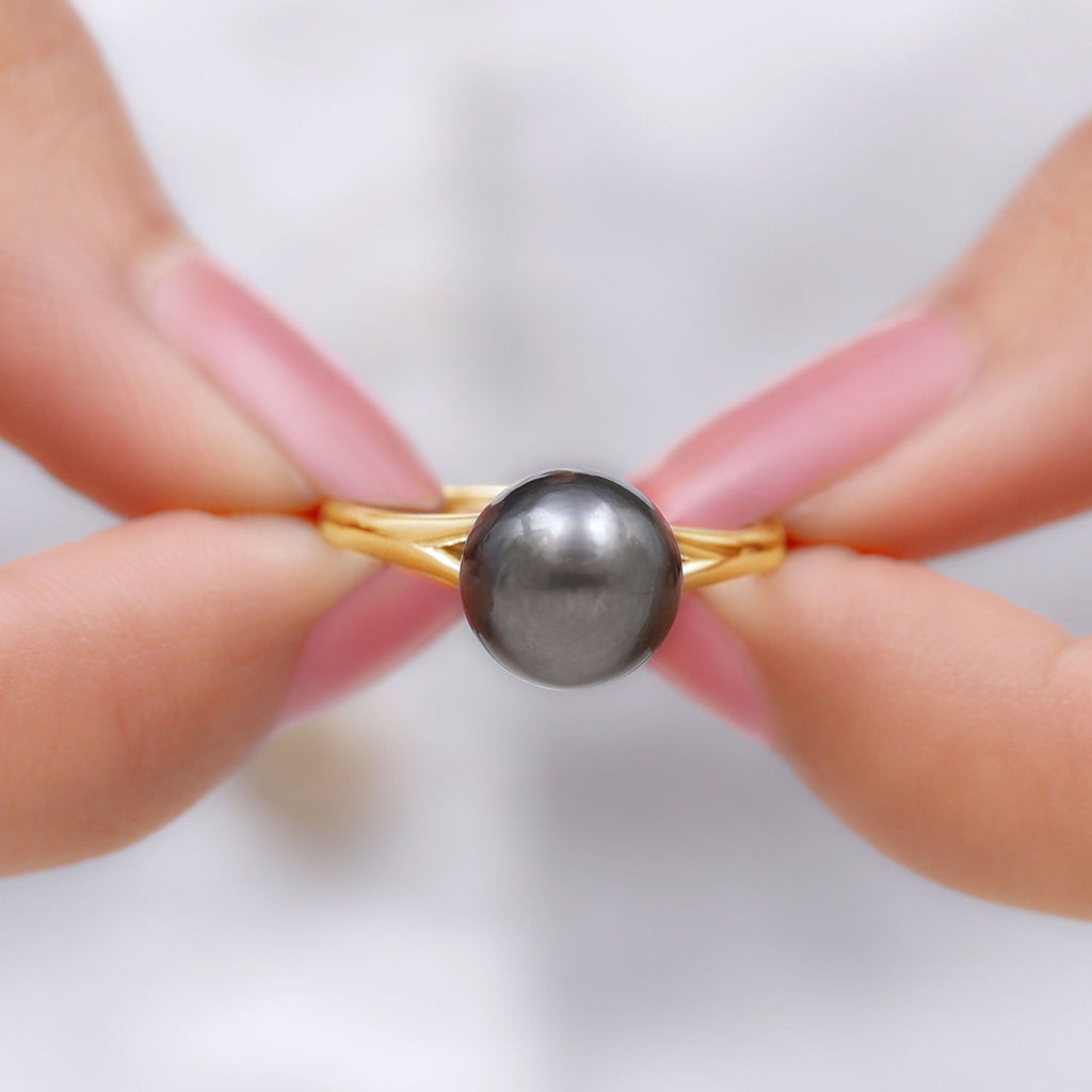 7.5 Carat Genuine Tahitian Black Pearl Cathedral Engagement Ring with Split Shank
