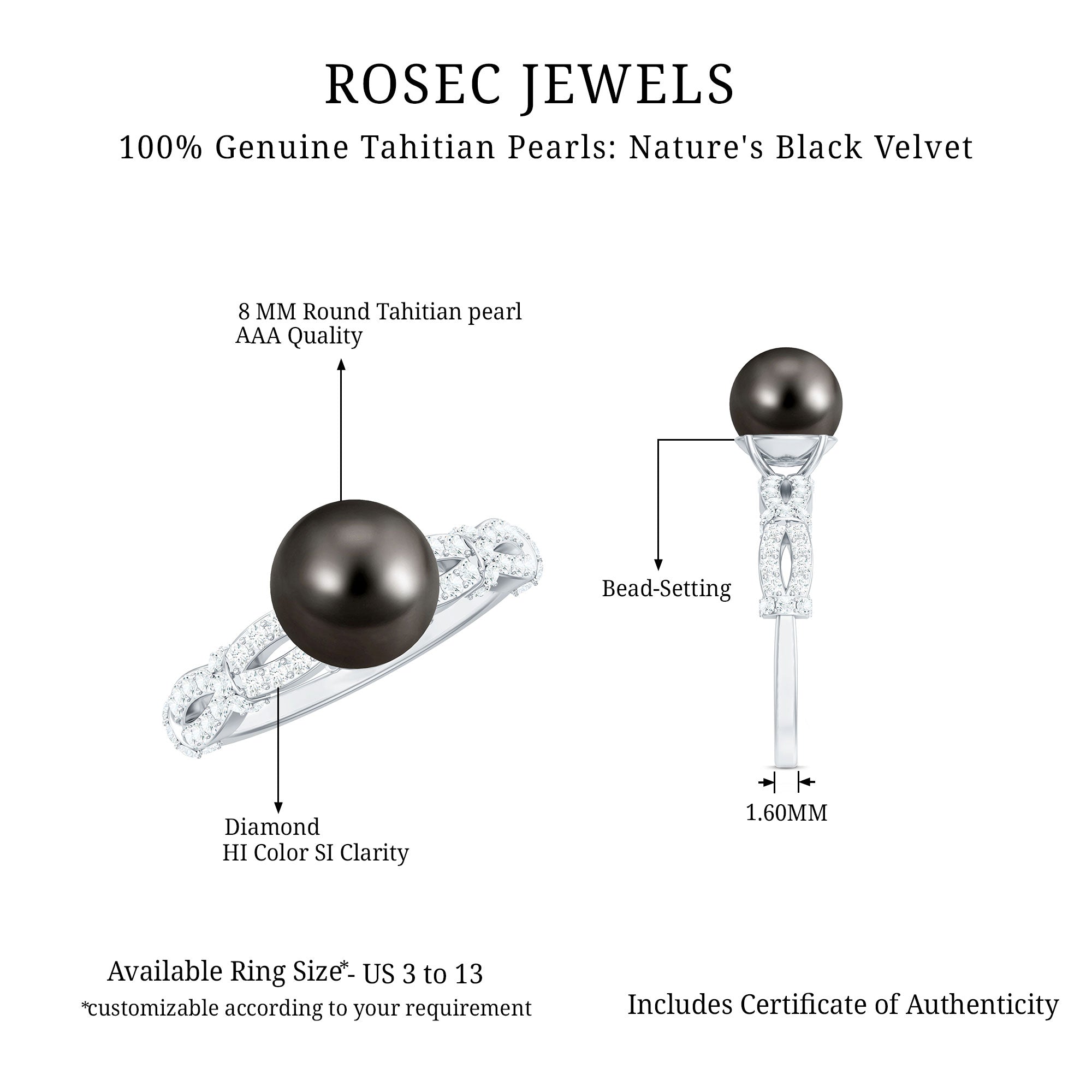7.5 Carat Genuine Black Pearl and Diamond Engagement Ring