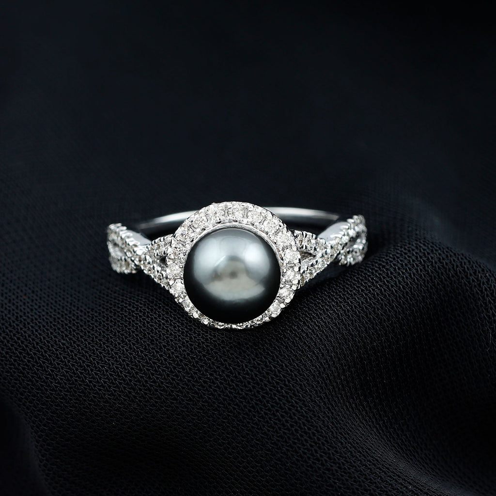 Real Tahitian Pearl and Diamond Crossover Engagement Ring