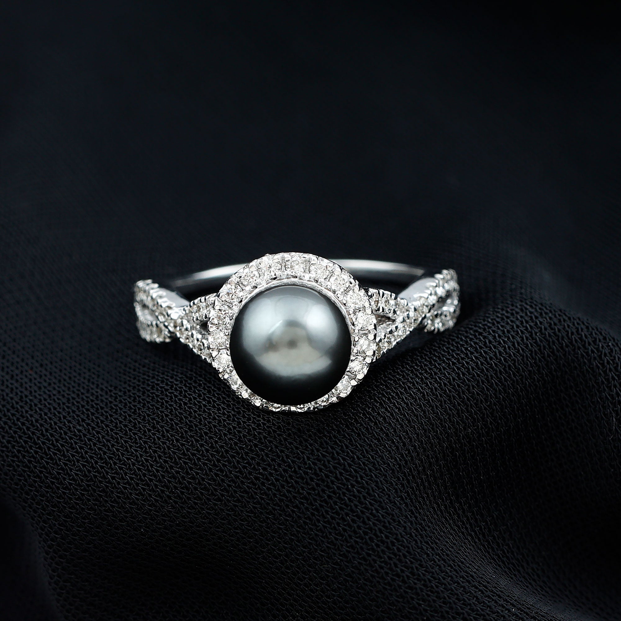 Real Tahitian Pearl and Diamond Crossover Engagement Ring