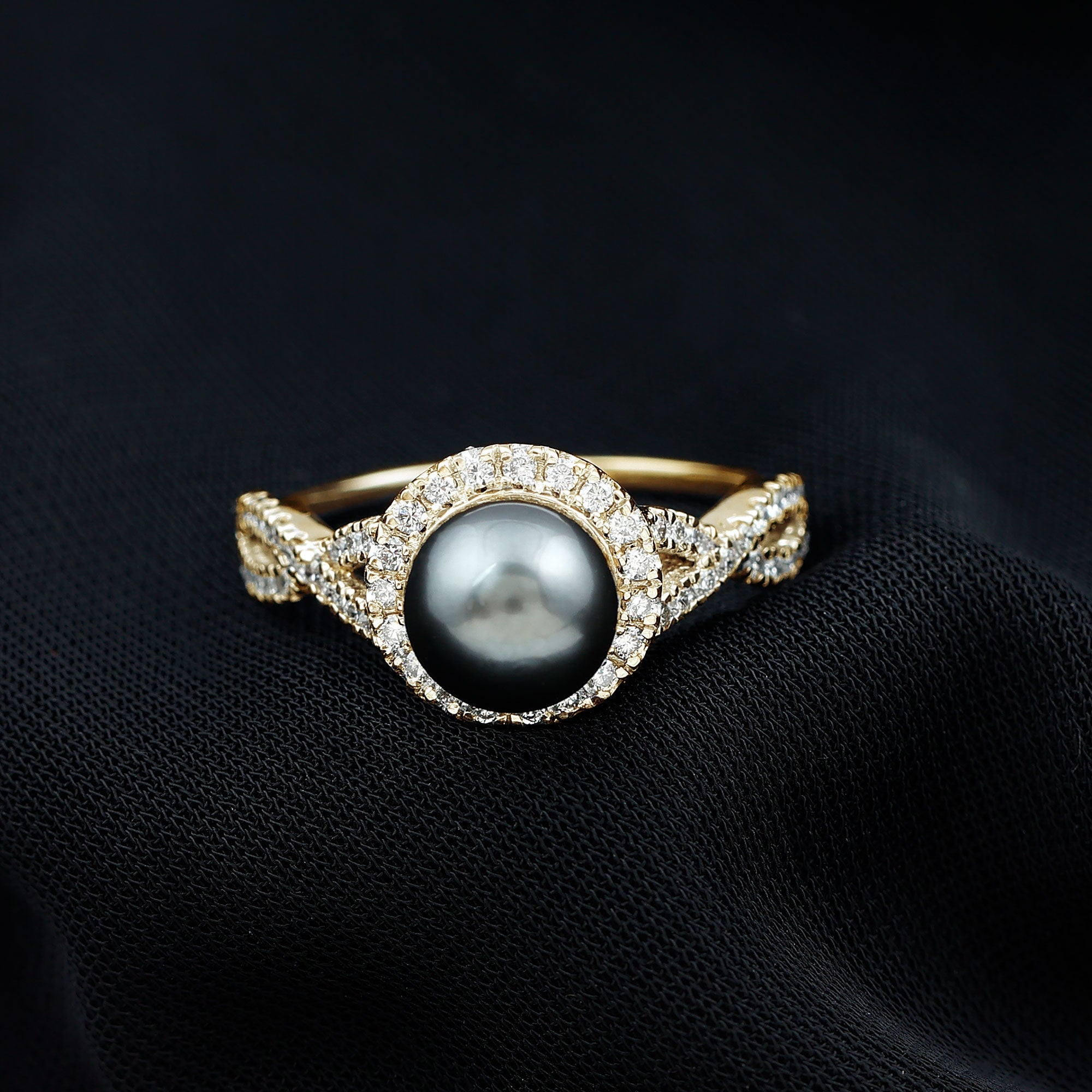 Real Tahitian Pearl and Diamond Crossover Engagement Ring