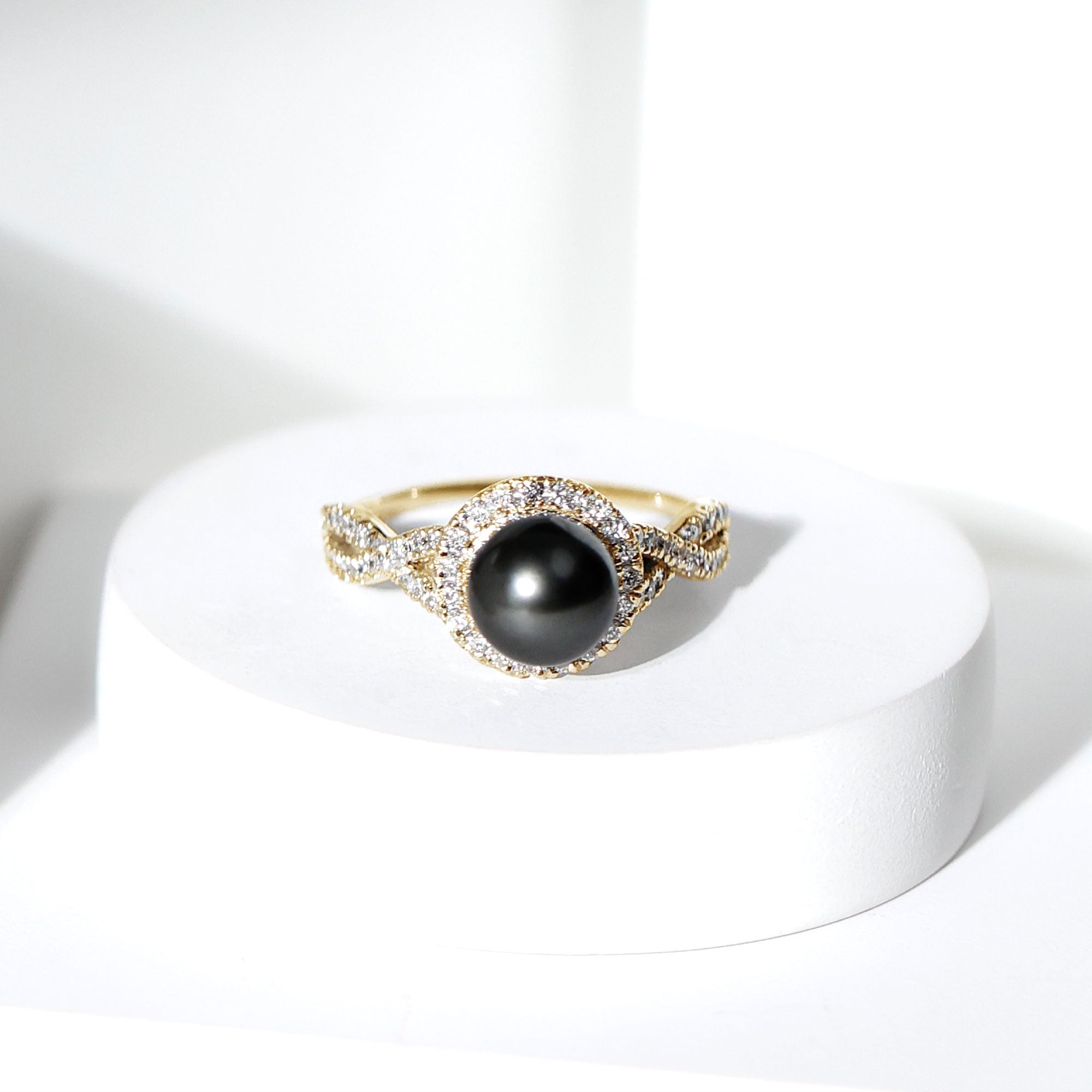 Real Tahitian Pearl and Diamond Crossover Engagement Ring
