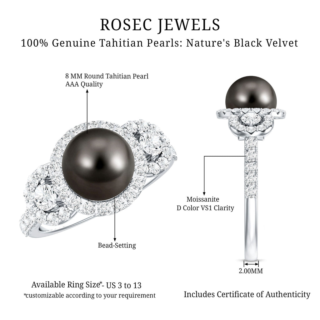 7.5 Carat Round Black Pearl Engagement Ring with Moissanite Accent