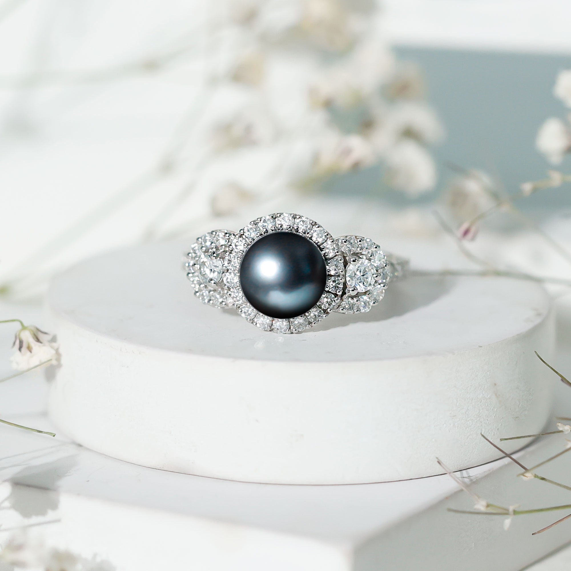 7.5 Carat Round Black Pearl Engagement Ring with Moissanite Accent
