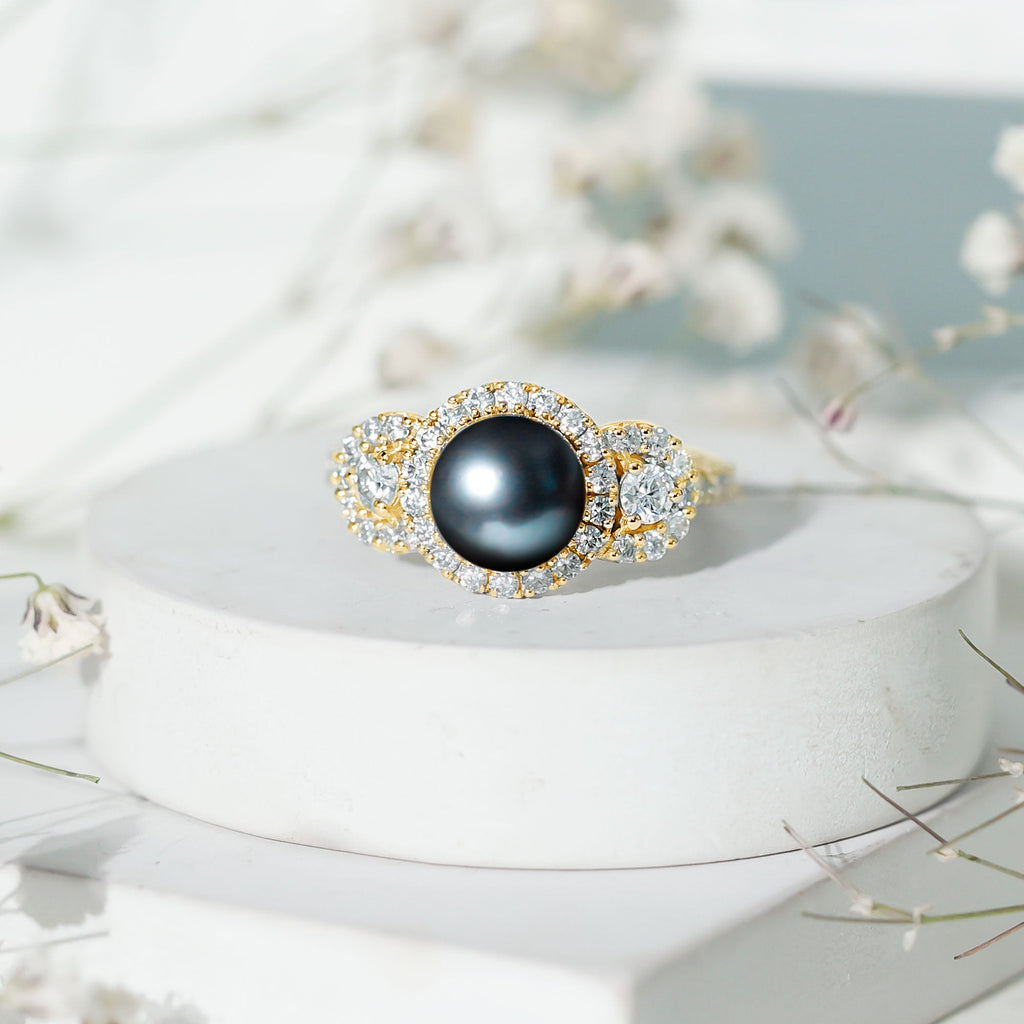 7.5 Carat Round Black Pearl Engagement Ring with Moissanite Accent