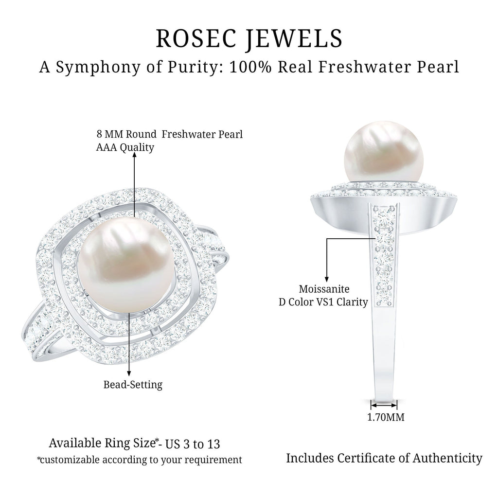 7.4 Carat Freshwater Pearl Double Halo Engagement Ring with Moissanite