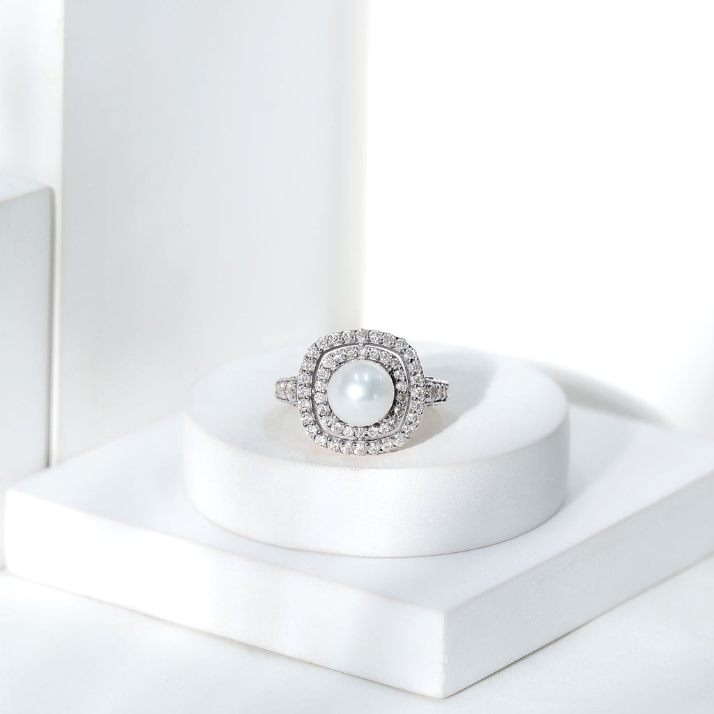 7.4 Carat Freshwater Pearl Double Halo Engagement Ring with Moissanite