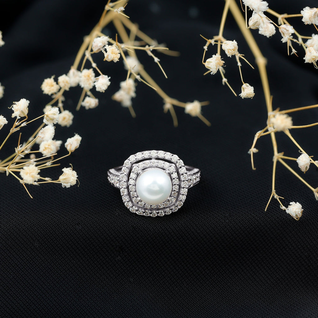 7.4 Carat Freshwater Pearl Double Halo Engagement Ring with Moissanite