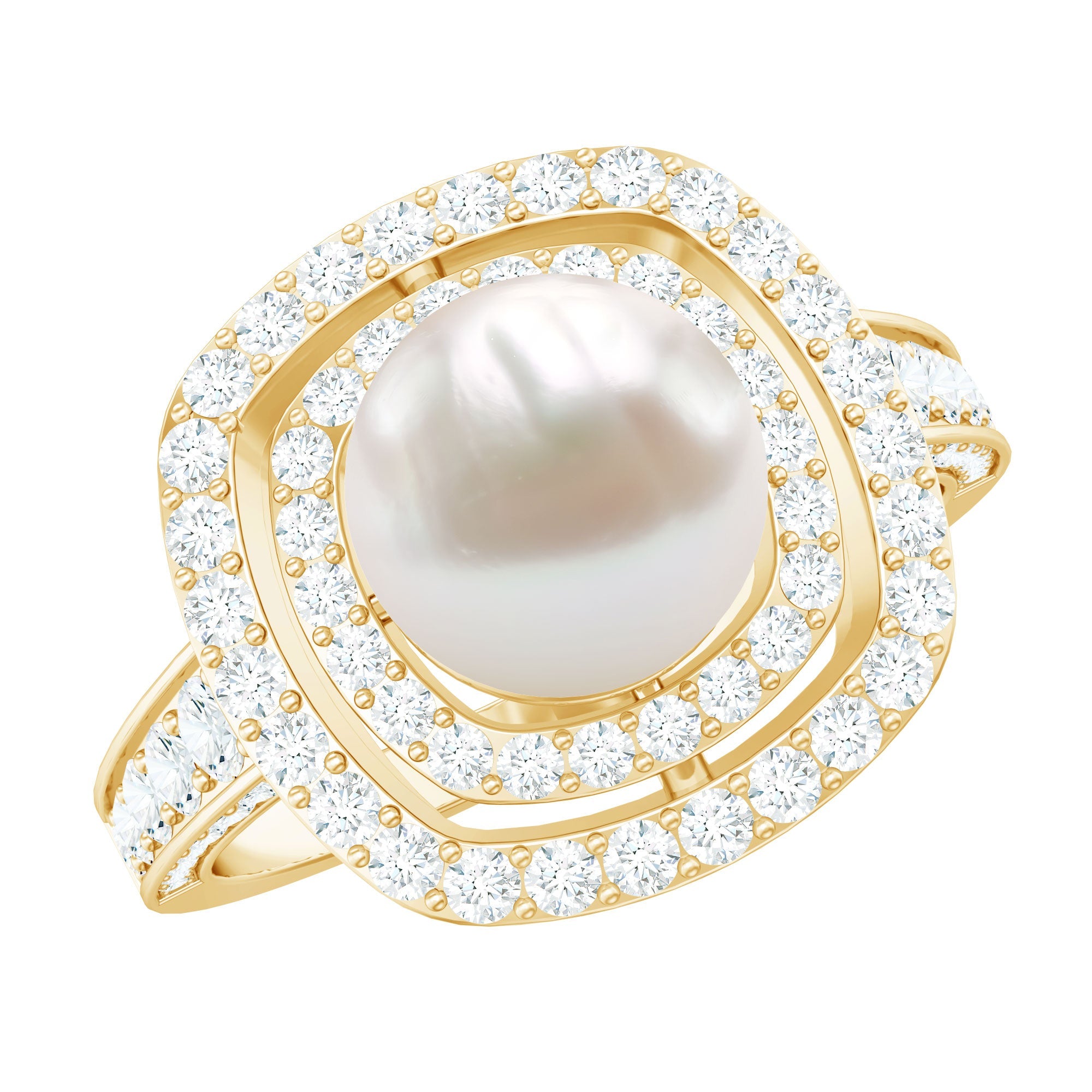7.4 Carat Freshwater Pearl Double Halo Engagement Ring with Moissanite | Rings | Wiccan Center