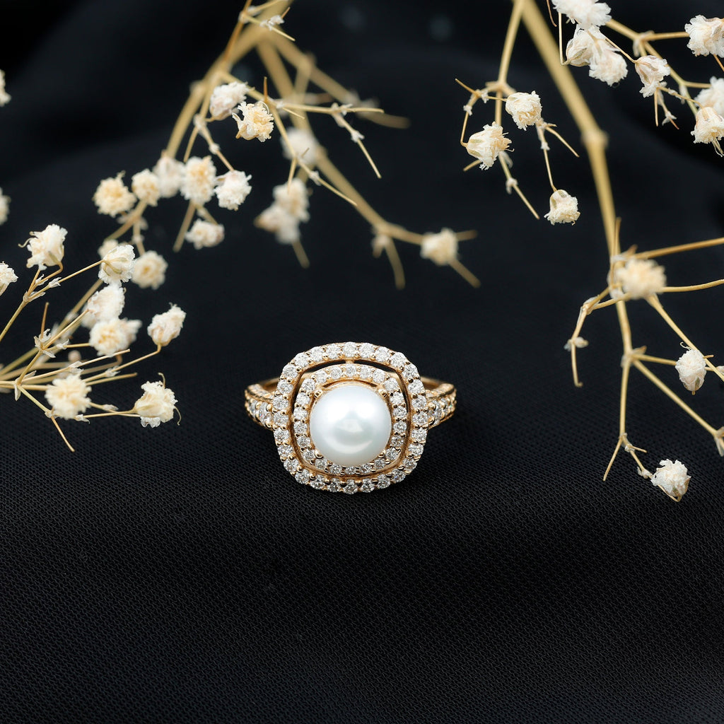 7.4 Carat Freshwater Pearl Double Halo Engagement Ring with Moissanite
