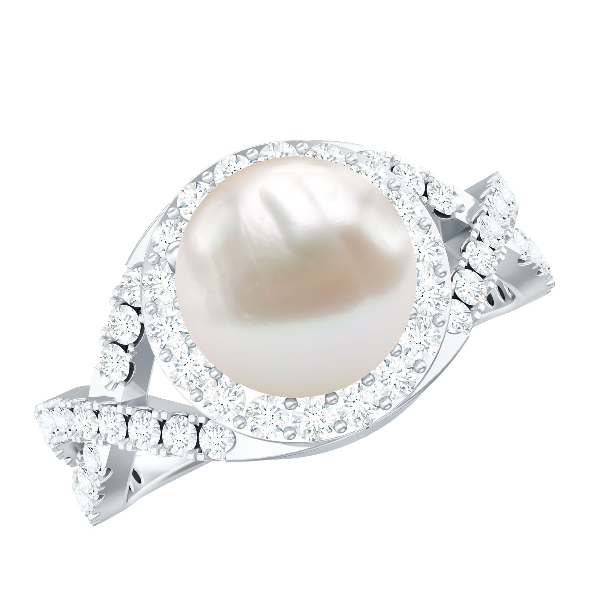 7.4 Carat Freshwater Pearl Engagement Ring with Moissanite Crossover Shank