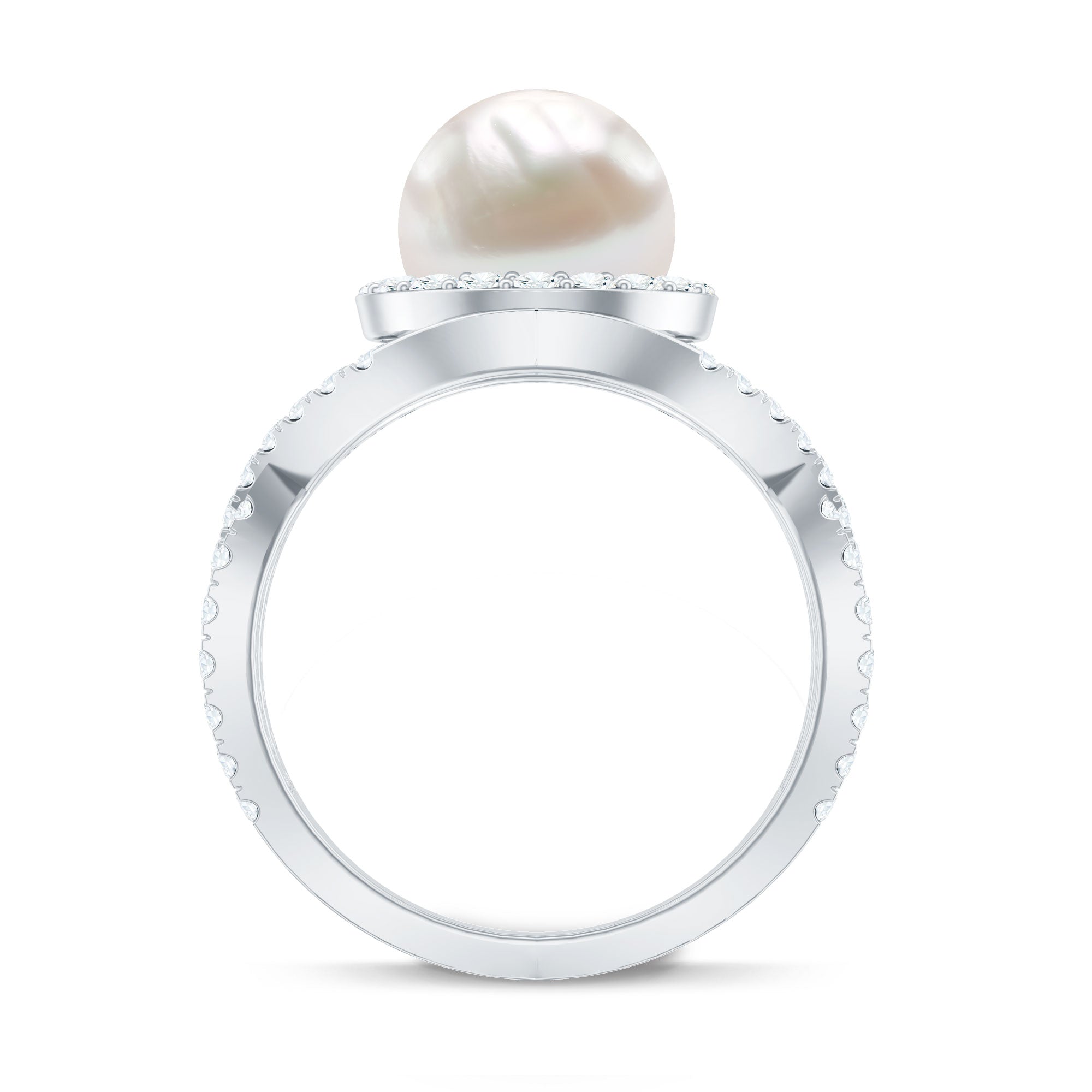 7.4 Carat Freshwater Pearl Engagement Ring with Moissanite Crossover Shank