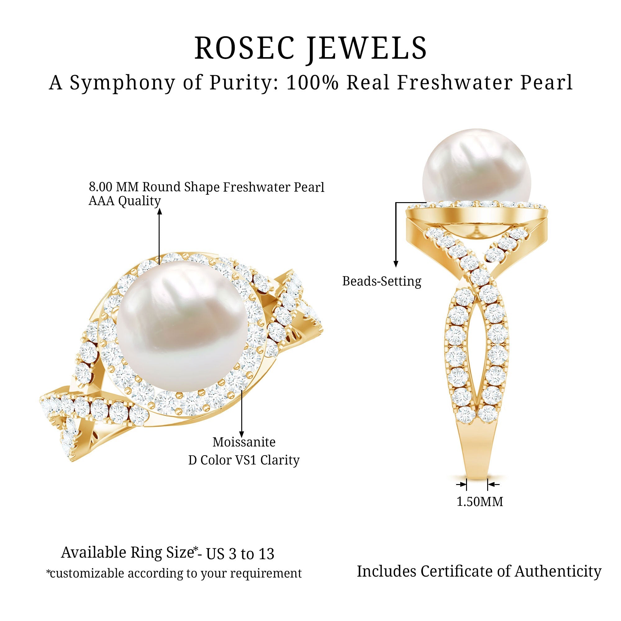 7.4 Carat Freshwater Pearl Engagement Ring with Moissanite Crossover Shank