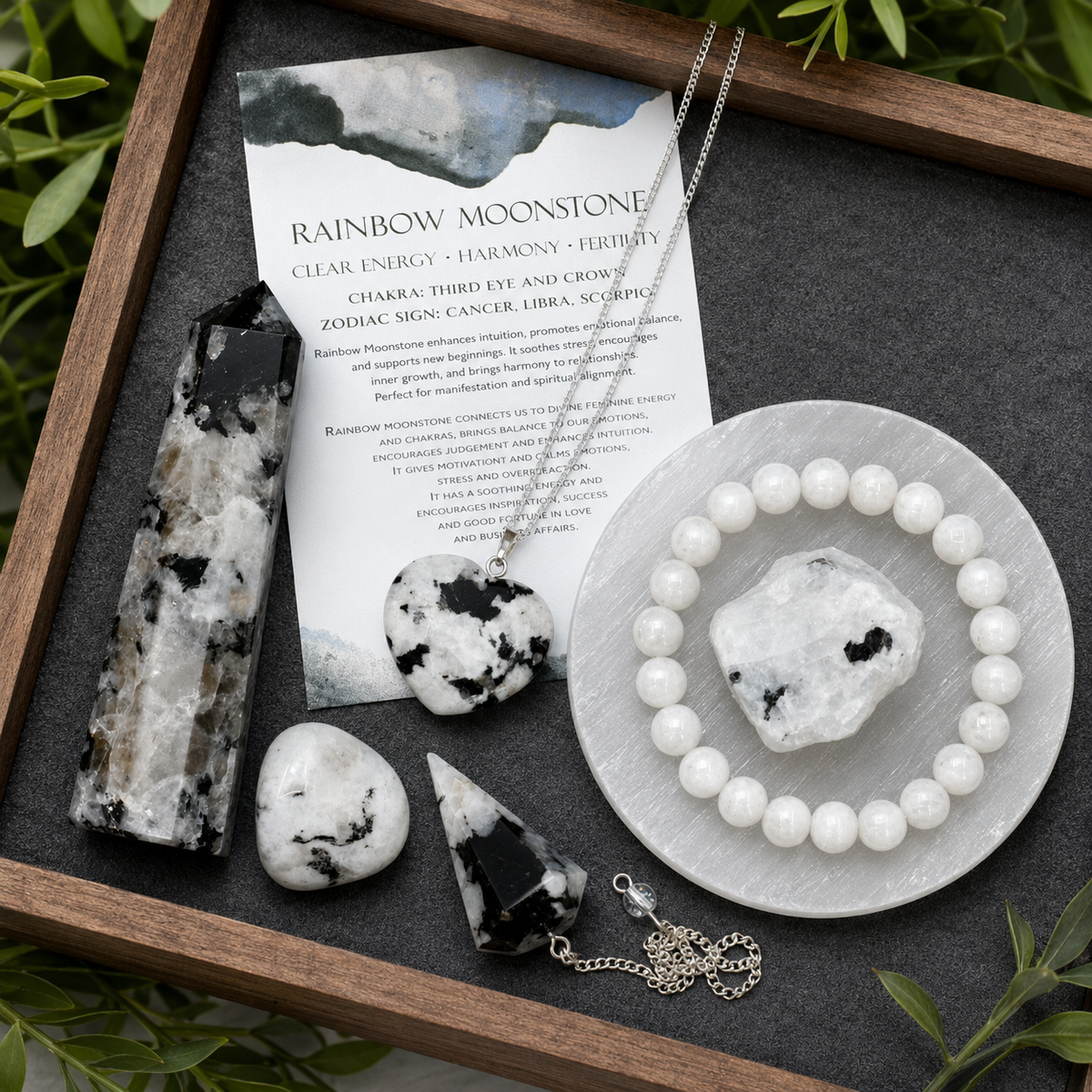 Rainbow Moonstone Crystal Gift Set For Emotional Support and Protection, Real Polished Gemstones. | Merkaba & Platonic Solids | Wiccan Center